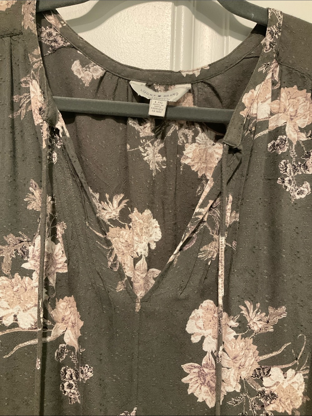 Lucky Brand Olive Green Floral V-Neck Peasant Blouse - Picture 7 of 7